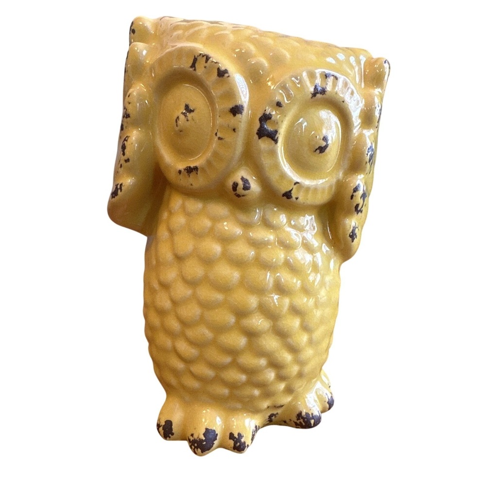 Yellow Ceramic Owl Heat No Evil Figurine‎ Statue